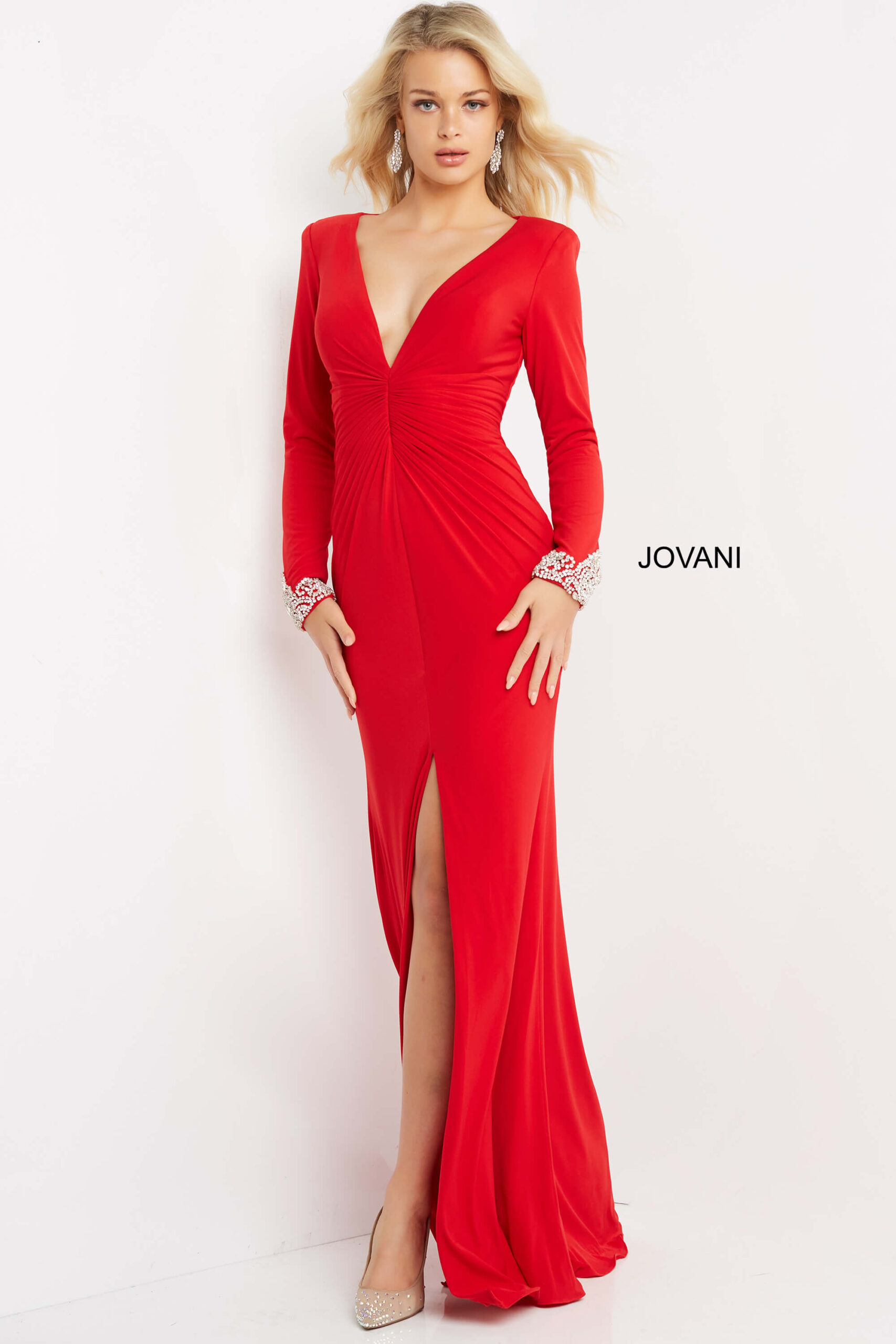 Jovani 07320 Red Long Sleeve Sheath Plus Size Dress