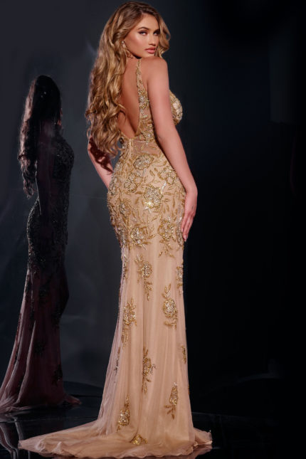 model showing the back view of Jovani 07355 gold gown with low open back