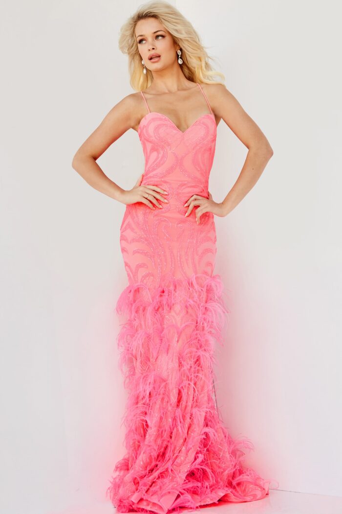 Model wearing Jovani 07425 Hot Pink Tie Back Sequin Embellished Dress