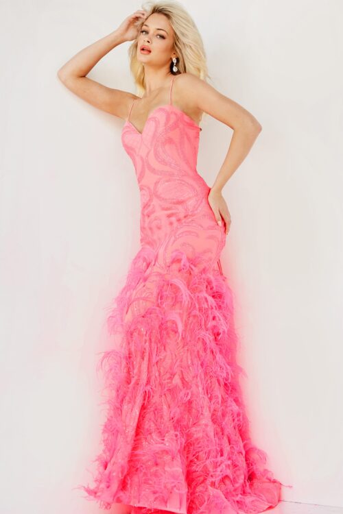 Model wearing Jovani 07425 Hot Pink Tie Back Sequin Embellished Dress
