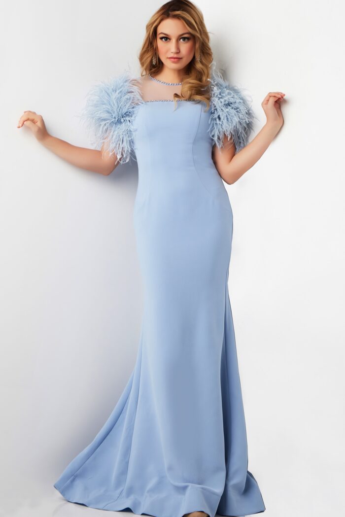 Model wearing Light Blue Feather Sleeves Sheath Gown 07432