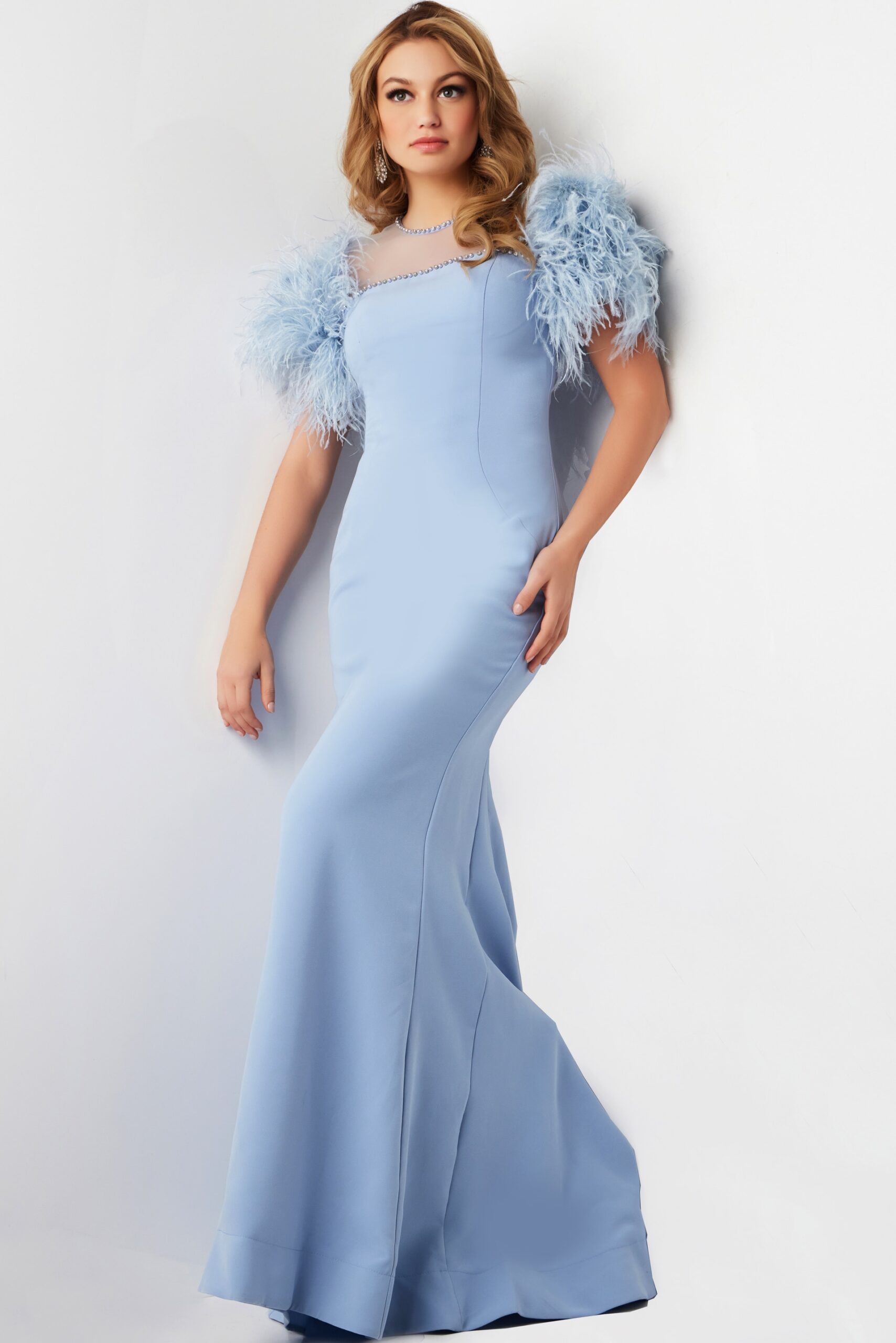Light Blue Feather Sleeves Sheath Gown 07432