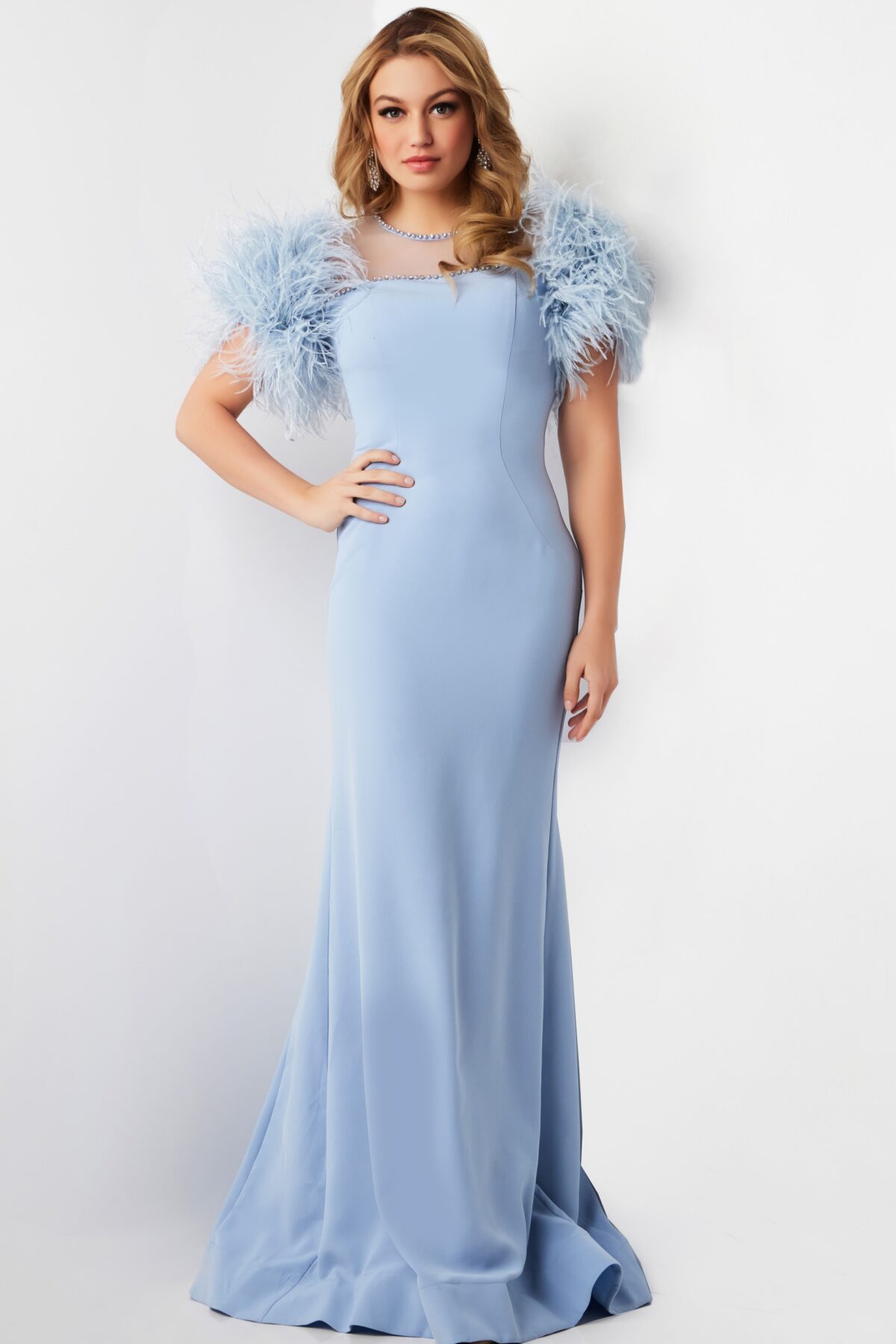 Light Blue Feather Sleeves Sheath Gown 07432 - Jovani