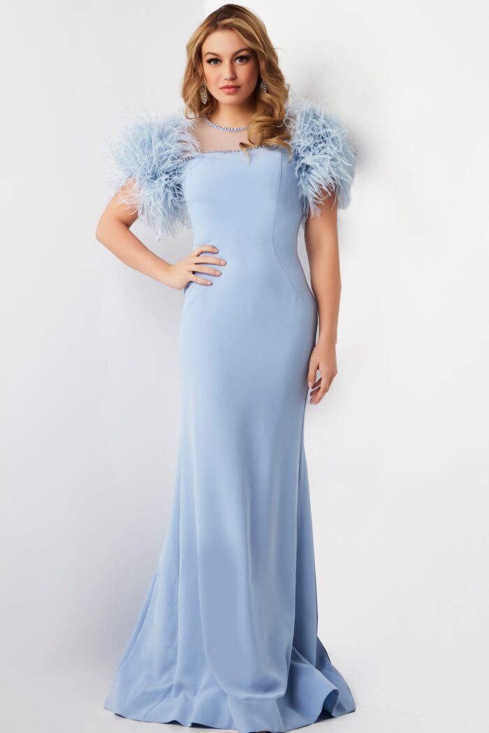 Model wearing Light Blue Feather Sleeves Sheath Gown 07432
