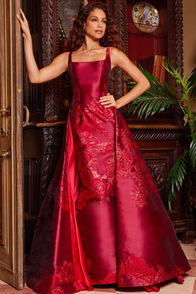 Jovani 07441 Red Pleated Overskirt Sleeveless Prom Gown - Jovani