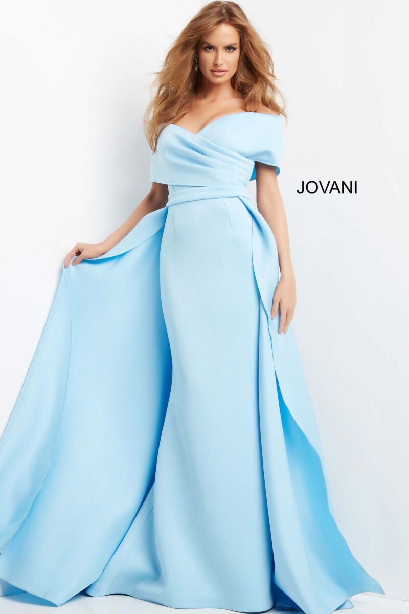 Jovani 07443 Light Blue Off the Shoulder Ruched Bodice Dress - Jovani