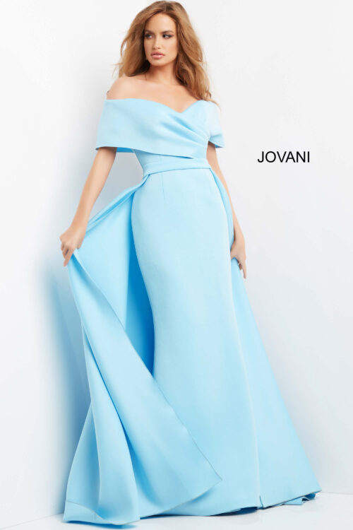 Model wearing Jovani 07443 Light Blue Off the Shoulder Ruched Bodice Dress