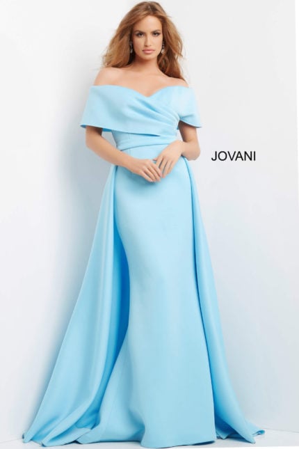 model wearing Jovani 07443 light blue off-the-shoulder gown front view