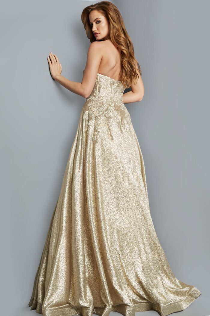 Model wearing Jovani 07497 Gold Strapless A Line Evening Dress