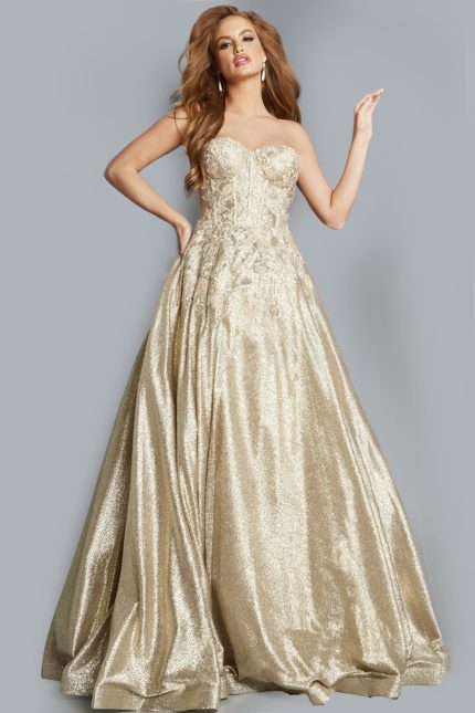 Model showing the back of dress 07497 in gold with elegant embroidery and lace detail.