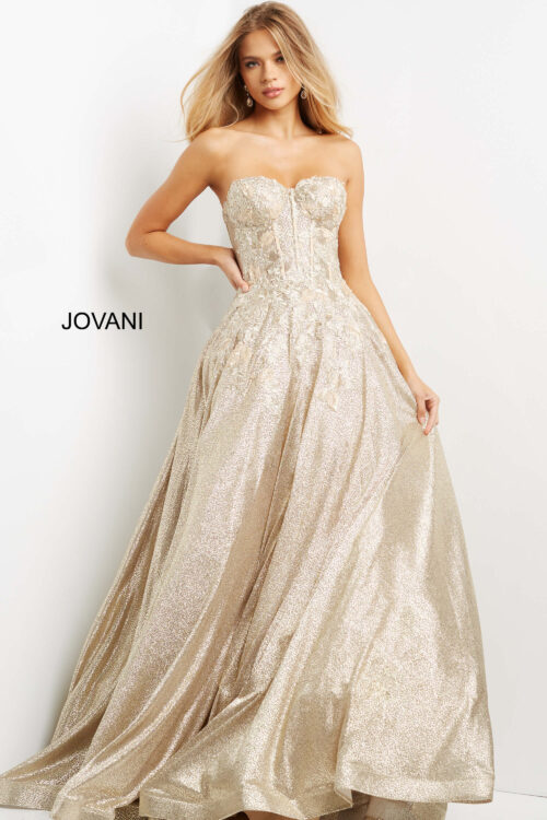 Model wearing Jovani 07497 Gold Lace Corset Bodice Ballgown