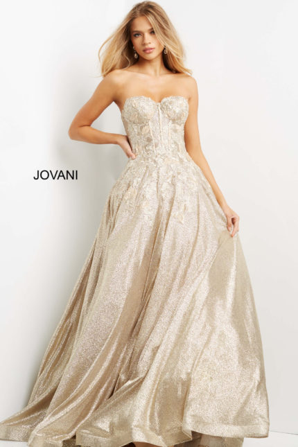 Jovani 07497 gold gown from the front, featuring strapless design and floral details.