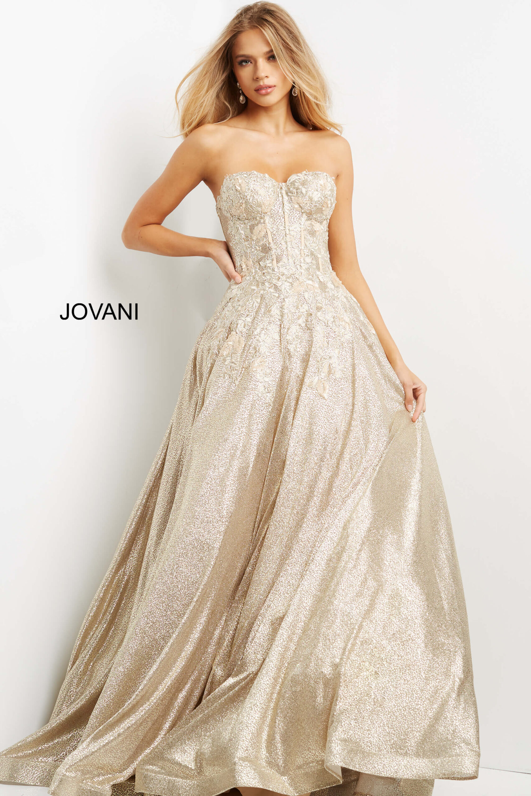 Jovani 07497 Gold Lace Corset Bodice Ballgown
