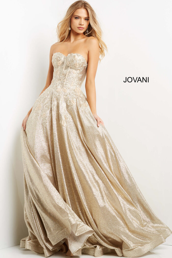 Model wearing Jovani 07497 Gold Lace Corset Bodice Ballgown