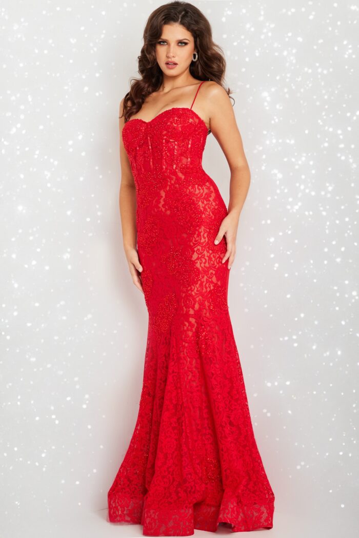 Model wearing Red Mermaid Lace Dress 07499