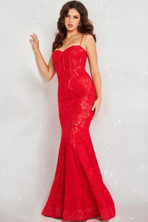 Model wearing Red Mermaid Lace Dress 07499