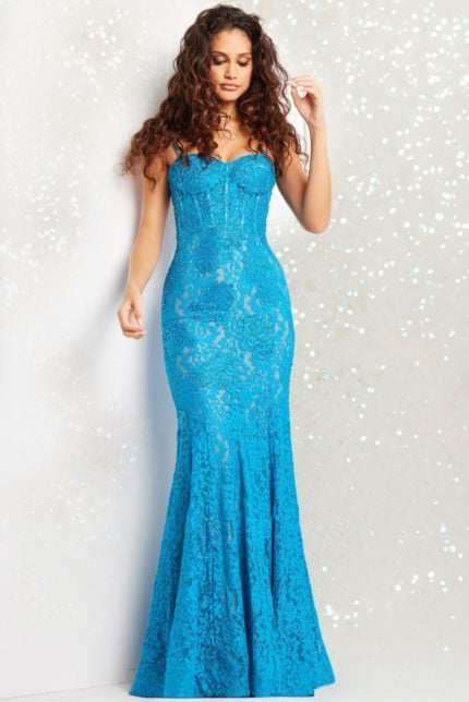 Model wearing Jovani 07499 blue lace dress front view