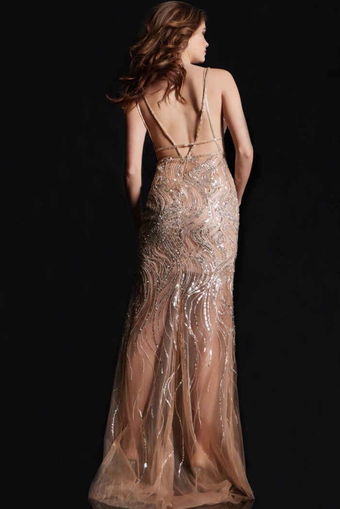 Model wearing Gold Silver Plunging Neckline Beaded Couture Gown 07503