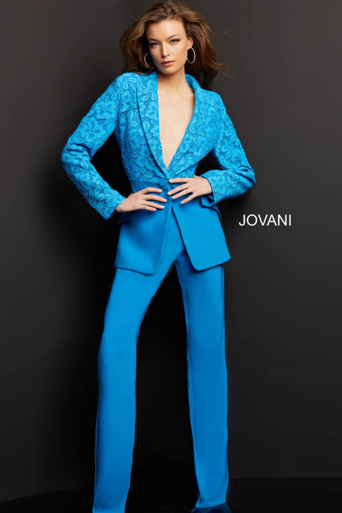 Model wearing Jovani 07551 Peacock Lace and Crepe Two Piece Evening Suit