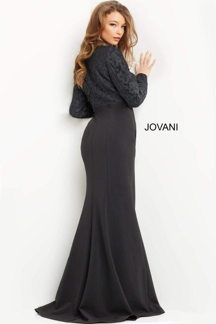 Model wearing Jovani 07552 Black Long Sleeve Front Slit Evening Gown