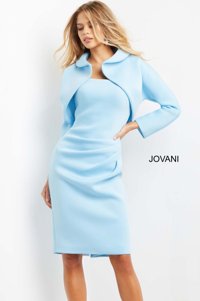 Model wearing Jovani 07556 Light Blue Knee Length Fitted Evening Dress