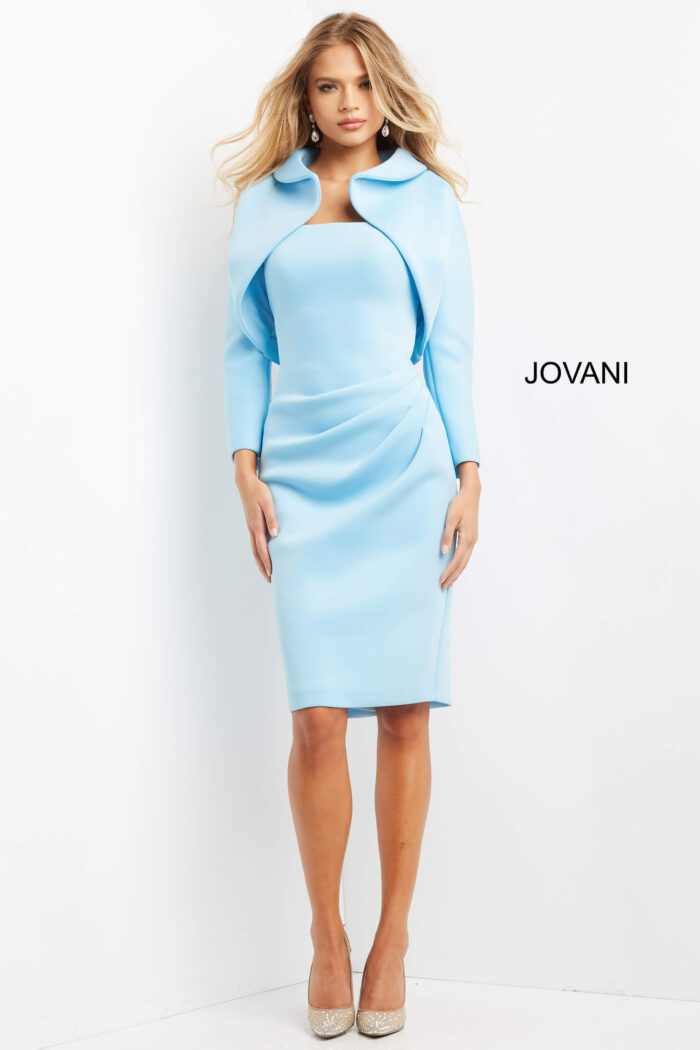Model wearing Jovani 07556 Light Blue Knee Length Fitted Evening Dress