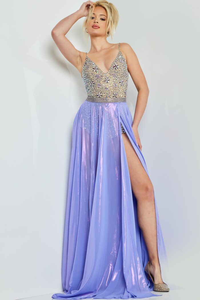 Model wearing Silver Lilac Embellished Chiffon Dress 07659