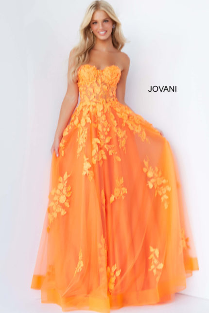 Model wearing Jovani 07901 orange gown with floral embroidery, front view.