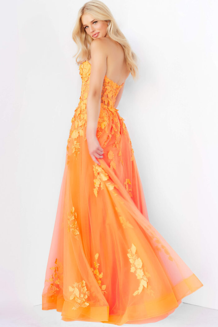 Model wearing Jovani 07901 Orange Lace Appliques Strapless Prom Gown