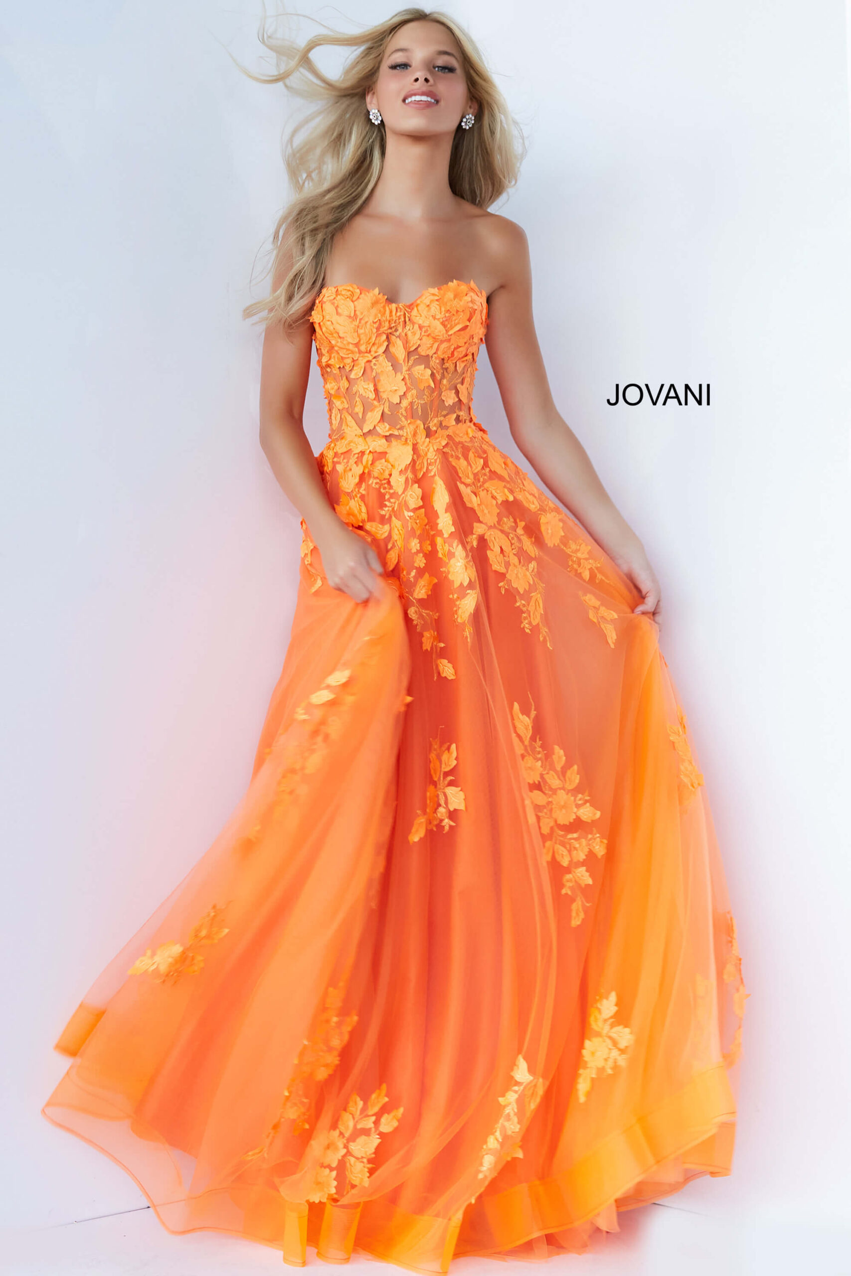 Jovani 07901 Orange Lace Appliques Strapless Prom Gown