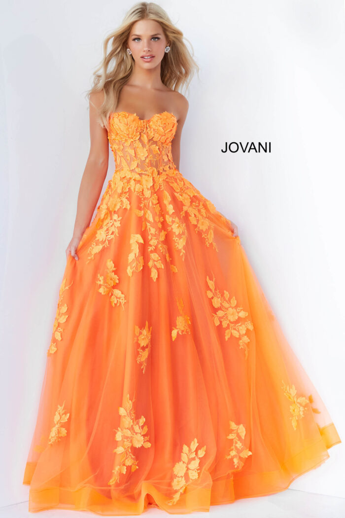 Model wearing Jovani 07901 Orange Lace Appliques Strapless Prom Gown