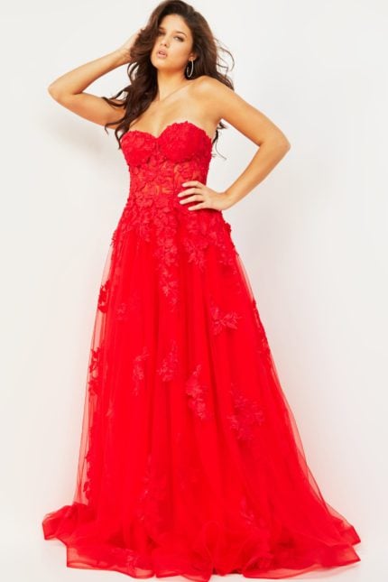 Model wearing Jovani 07901 red gown with floral embroidery, front view.