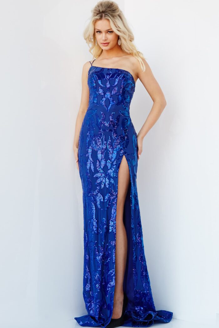 Model wearing Jovani 07913 High Slit Sequin Embellished Gown