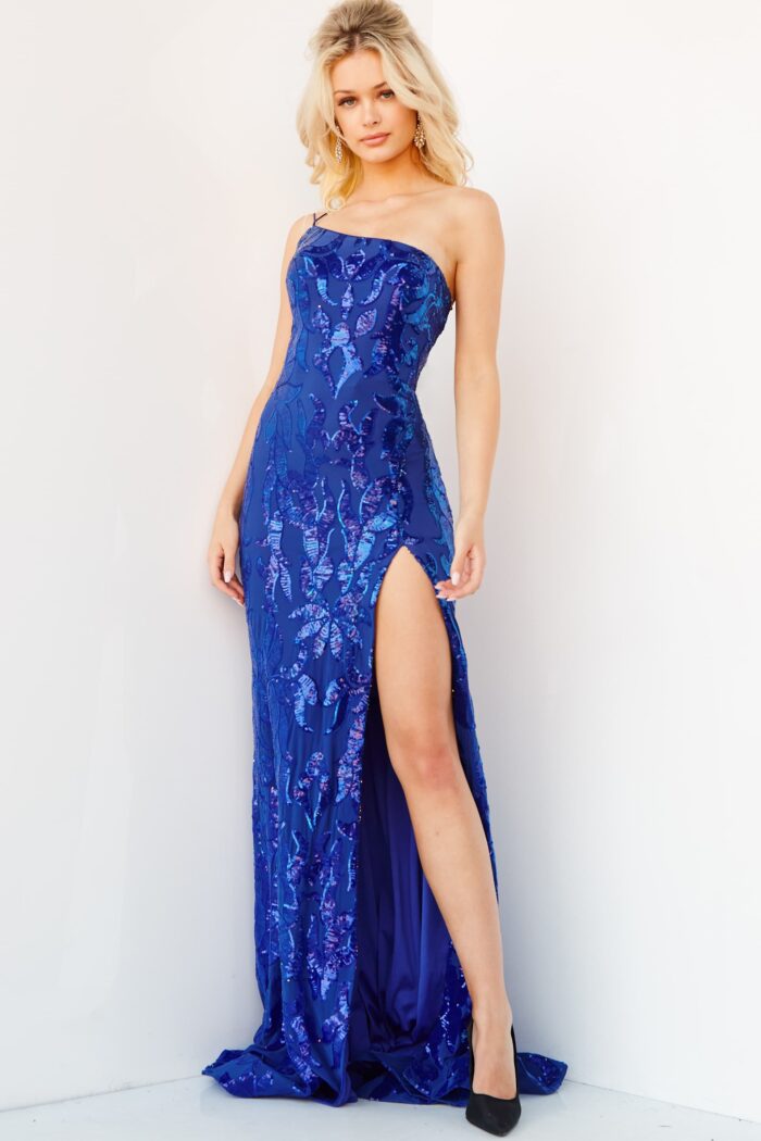 Model wearing Jovani 07913 Royal Sequin High Slit Gown