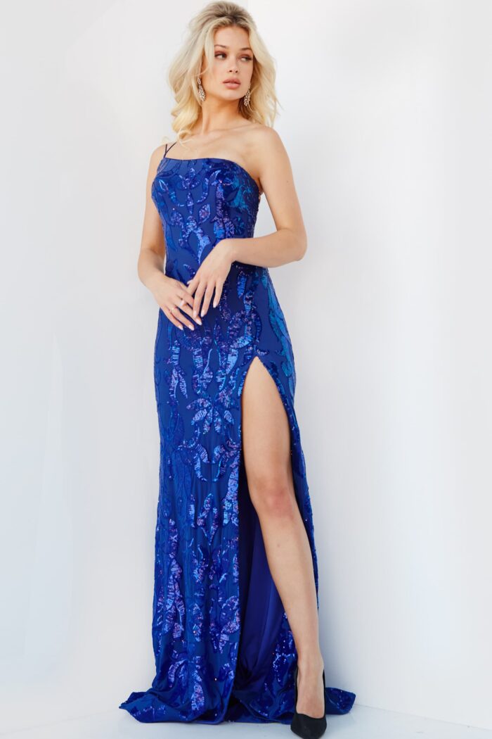 Model wearing Jovani 07913 High Slit Sequin Embellished Gown