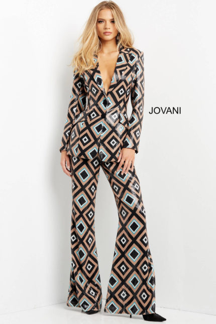 Model wearing Jovani 07921 jumpsuit with geometric print and deep V-neckline.