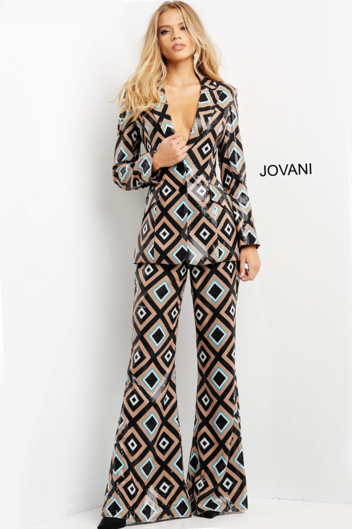 Model wearing Jovani 07921 Multi Color Contemporary Two Piece Suit