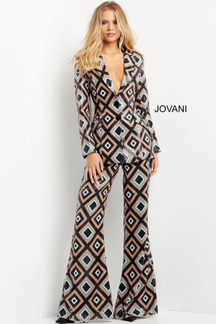 Model showcasing Jovani 07921 jumpsuit with geometric print from the front view.