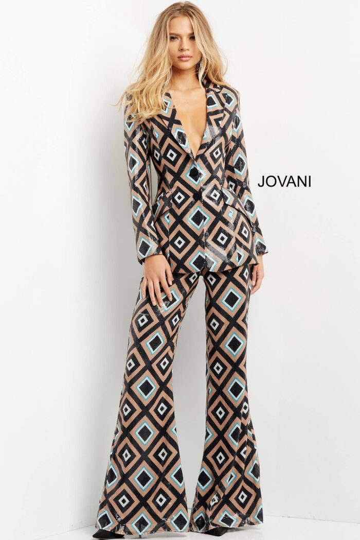 Model wearing Jovani 07921 Multi Color Contemporary Two Piece Suit