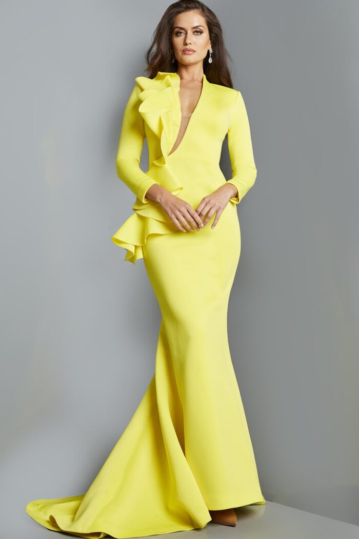 Model wearing Jovani 07934 Yellow Fitted Three Quarter Sleeve Dress