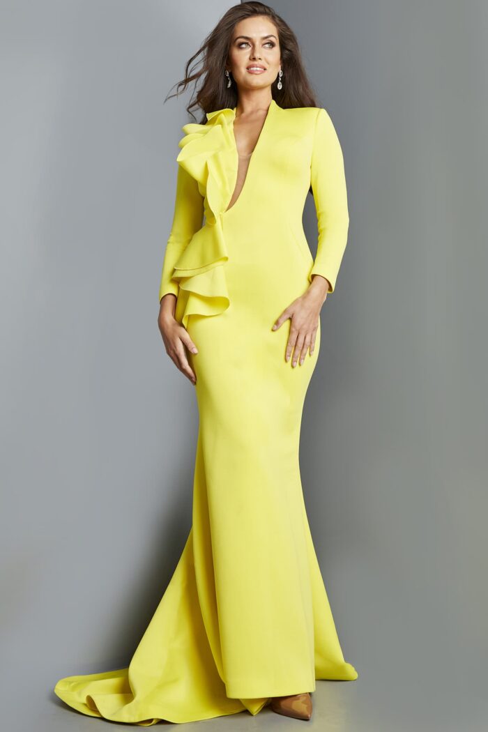 Model wearing Jovani 07934 Yellow Fitted Three Quarter Sleeve Dress