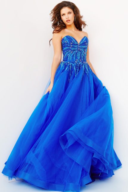 Model wearing Jovani 07946 royal ball gown with sweetheart neckline and beaded bodice