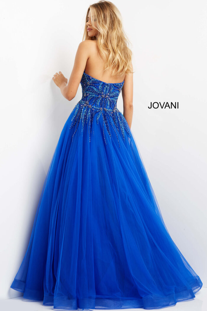 Model wearing Jovani 07946 Royal Beaded Bodice Strapless Prom Ballgown