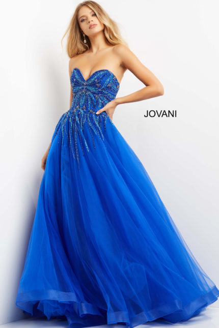 Model in Jovani 07946 royal gown highlighting sweetheart neckline and A-line silhouette