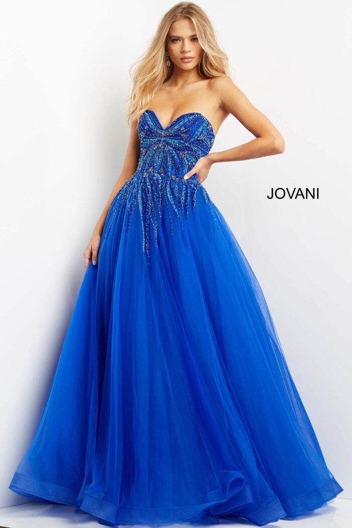 Model wearing Jovani 07946 Royal Beaded Bodice Strapless Prom Ballgown
