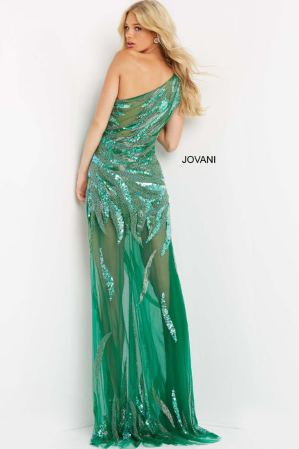 Model showing back view of Jovani 07948 green gown with sequin detailing.