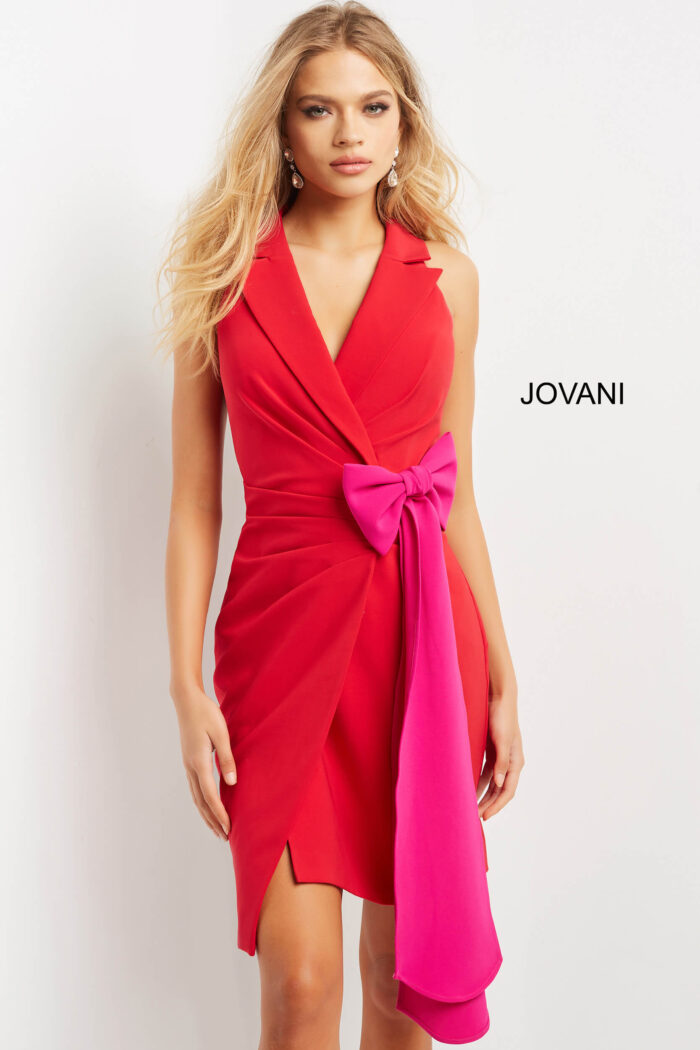 Model wearing Jovani 07961 Red Fuchsia Knee Length V Neck Contemporary Dress