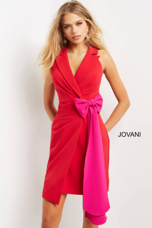 Model wearing Jovani 07961 Red Fuchsia Knee Length V Neck Contemporary Dress