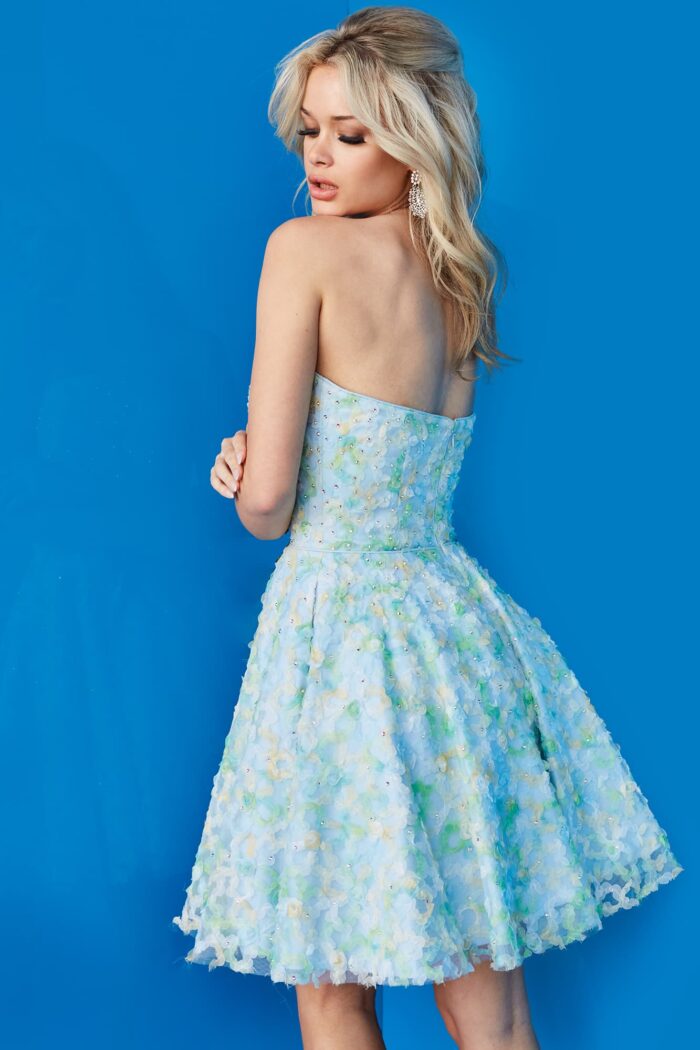 Model wearing Jovani 07965 Multi Floral Fit and Flare Homecoming Dress