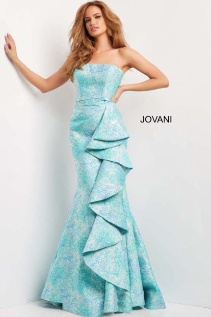 Model wearing Jovani 08093 elegant dress with mermaid silhouette and blue ruffles front view.